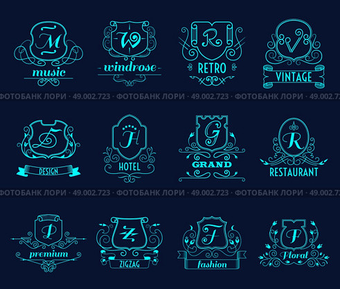 Monograms shields design set on dark blue background flat isolated vector illustration . Monograms shields set. Стоковая иллюстрация, агентство Ingram Publishing / Фотобанк Лори