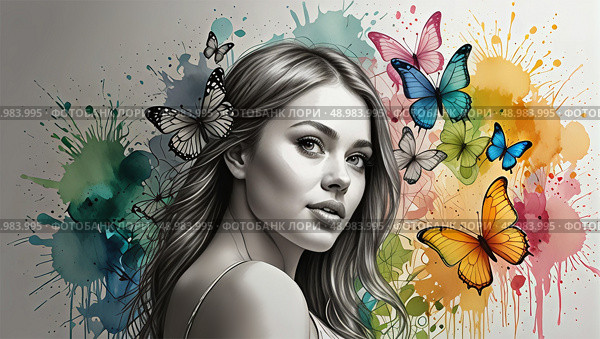 Монохромный портрет девушки на цветном фоне;Monochrome portrait of a girl on a colored background; Стоковое AI-изображение, AI-художник Наталья Расюк / Фотобанк Лори