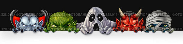 Monster group banner with Mummy ghost and vampire monsters peeking behind a blank white sign with an angry creepy green zombie mutant hiding behind a billboard as a halloween design with 3D illustration elements. Стоковое фото, агентство Ingram Publishing / Фотобанк Лори