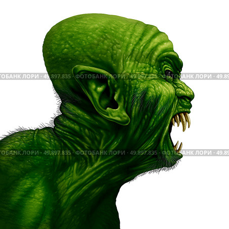 Monster head side view as a zombie face or mutant beast screaming as a creepy halloween or angry scary demon symbol with textured green wrinkled skinisolated on a white background in a realistic 3D illustration style. Стоковое фото, агентство Ingram Publishing / Фотобанк Лори