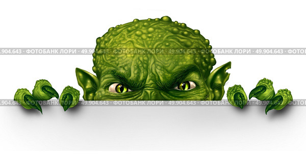 Monster peeking behind a blank white sign as an angry creepy green zombie mutant hiding and peeping behind a billboard as a halloween message concept in a 3D illustration style. Стоковое фото, агентство Ingram Publishing / Фотобанк Лори
