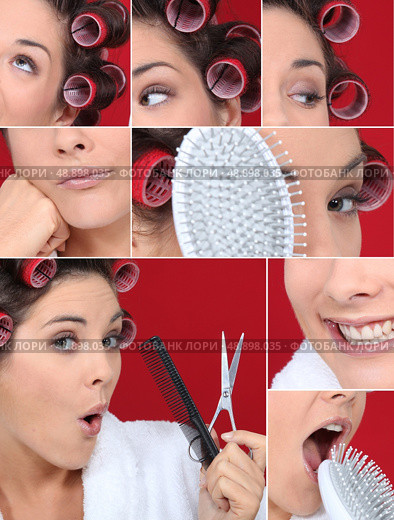 Montage of brunette styling her hair. Стоковое фото, агентство Ingram Publishing / Фотобанк Лори
