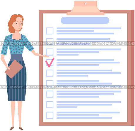 Month scheduling, to do list, time management concept. Woman stands near to do plan and planning schedule. Plan fulfilled, task completed, timetable sheet. Lady works with check list planning. Woman stands near to do list and planning schedule. Plan fulfilled, task completed, timetable sheet. Стоковая иллюстрация, агентство Ingram Publishing / Фотобанк Лори