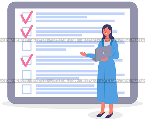 Month scheduling, to do list, time management concept. Woman stands near to do plan and planning schedule. Plan fulfilled, task completed, timetable sheet. Lady works with check list planning. Woman stands near to do list and planning schedule. Plan fulfilled, task completed, timetable sheet. Стоковая иллюстрация, агентство Ingram Publishing / Фотобанк Лори