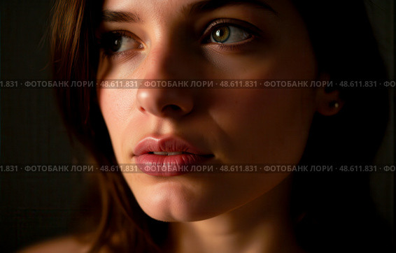 Moody close view of sensual young lady gazing sideways in soft shadow light. highlighting lips smooth complexion mysterious cinematic atmosphere shot. Стоковое AI-изображение, AI-художник Павел Муравьев / Фотобанк Лори