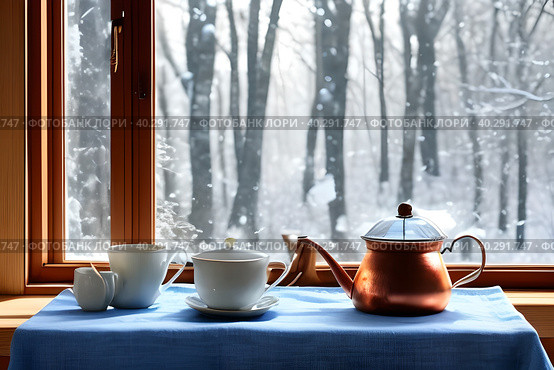 Morning aromatic coffee on a frosty winter morning. Image generated by artificial intelligence. Стоковое AI-изображение, AI-художник Сергей Елизарьев / Фотобанк Лори