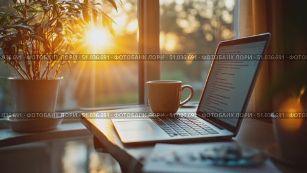 Morning light pours into the room, highlighting a tranquil workspace with a laptop, a warm cup of coffee, and a vibrant plant nearby. Стоковое AI-видео, аниматор Данила Большаков / Фотобанк Лори