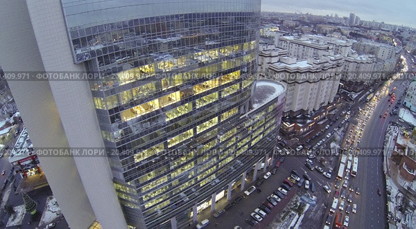 MOSCOW, RUSSIA - DEC 18, 2013: (aerial view) Roof of Business Centre Preo-8 and Preobrajenskaya Square. Height of twenty-eight-storey building Preo-8 is 106 m. Редакционное фото, фотограф Losevsky Pavel / Фотобанк Лори