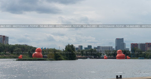Москва, Кожуховский затон, гигантские маскоты уток, остров мечты. Редакционное фото, фотограф Николай Алмаев / Фотобанк Лори