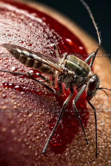 Mosquitoes (Aedes aegypti) sucking human blood, close up. Close-up of striped mosquito on human skin, macro photo. Carriers of dengue fever and malaria concept. Gen ai illustrate. Copy ad text space. Стоковое AI-изображение, AI-художник Aleksandr Golubev / Фотобанк Лори