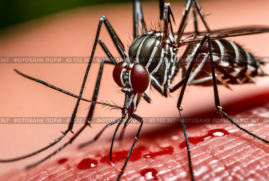 Mosquitoes (Aedes aegypti) sucking human blood, close up. Close-up of striped mosquito on human skin, macro photo. Carriers of dengue fever and malaria concept. Gen ai illustrate. Copy ad text space. Стоковое AI-изображение, AI-художник Aleksandr Golubev / Фотобанк Лори