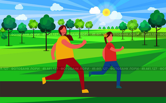 Mother and daughter jogging in park filled with lush trees vector illustration. Morning jogger enjoying run at gentle pace amidst beautiful nature. Mother and Daughter Jogging in Park Illustration. Стоковая иллюстрация, агентство Ingram Publishing / Фотобанк Лори