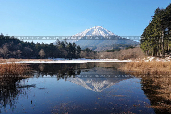 Mount fuji reflecting in lake tanuki on a winter morning in japan. Стоковое AI-изображение, AI-художник Иван Рябоконь / Фотобанк Лори