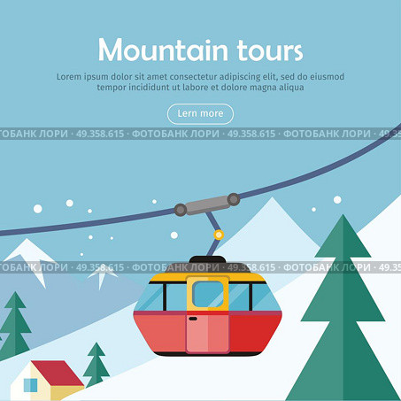 Mountain Tours Concept Banner. Funicular Railway,. Mountain tours conceptual web banner. Funicular railway, cable railway car on winter landscape background. Ski lift, trolley car, transportation tourism, travel cabin, winter vacation, ropeway. Vector. Стоковая иллюстрация, агентство Ingram Publishing / Фотобанк Лори