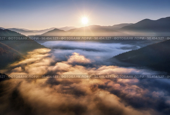 Mountains in low clouds at sunrise in autumn. Aerial view of mountain peak in fog in fall. Beautiful landscape with rocks, forest, sun, purple sky. Top view of mountain valley in clouds. Foggy hills. Стоковое фото, агентство Ingram Publishing / Фотобанк Лори
