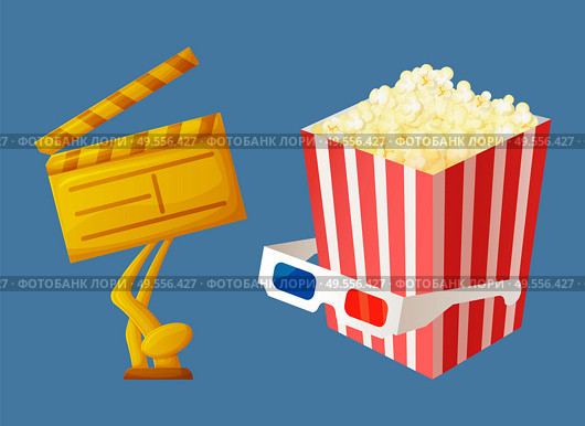 Movie award made of gold vector, popcorn in package with stripes glasses on container with snack. Reward for producer in form of golden clapperboard. Movie Award for Best Film and Action, Popcorn. Стоковая иллюстрация, агентство Ingram Publishing / Фотобанк Лори