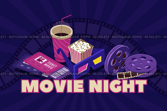 Movie night isometric composition with 3d polarized glasses popcorn cinema tickets film bobbins background banner vector illustration. Стоковая иллюстрация, агентство Ingram Publishing / Фотобанк Лори