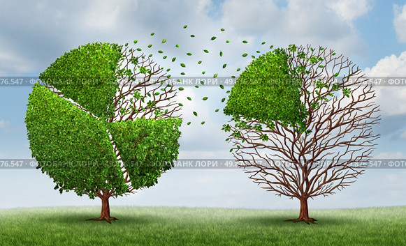 Moving market share with a group of trees shaped as pie chart financial graphs as a finance concept of transferring funds and equity from one company or industry to another on a summer sky background. Стоковое фото, агентство Ingram Publishing / Фотобанк Лори
