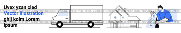 Moving truck, house, and worker carrying a box. Ideal for relocation logistics, moving services, real estate, home improvement, delivery service packing tips transportation. Landing page. Moving truck, house, and worker carrying a box illustrating the process of house relocation. Стоковая иллюстрация, агентство Ingram Publishing / Фотобанк Лори