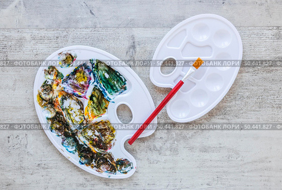 multicolored artist tray palette brush. Стоковое фото, агентство Ingram Publishing / Фотобанк Лори