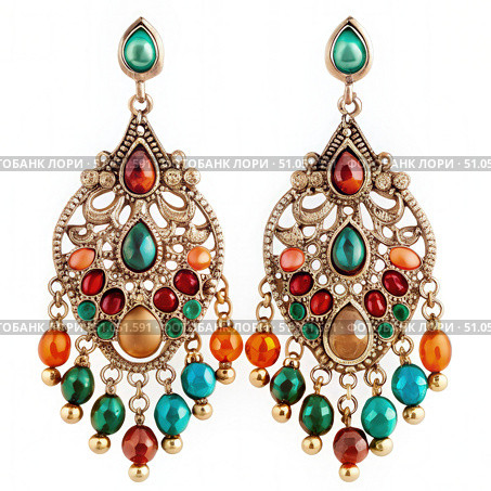 Multicolored Gemstone And Gold Drop Earrings On White Background. Generative AI. Стоковое AI-изображение, AI-художник Roman Zavorotny / Фотобанк Лори