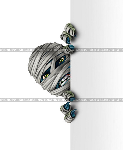 Mummy monster peeking behind a blank white sign as an angry creepy zombie mutant hiding behind a vertical  billboard as a halloween message concept in a 3D illustration style. Стоковое фото, агентство Ingram Publishing / Фотобанк Лори