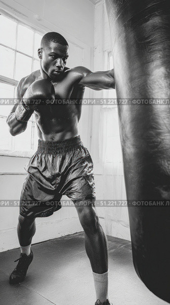 Muscular african american boxer intensely punching heavy bag, black and white image capturing raw power, physical conditioning inside boxing training facility. Стоковое AI-изображение, AI-художник Юрий Поздников / Фотобанк Лори