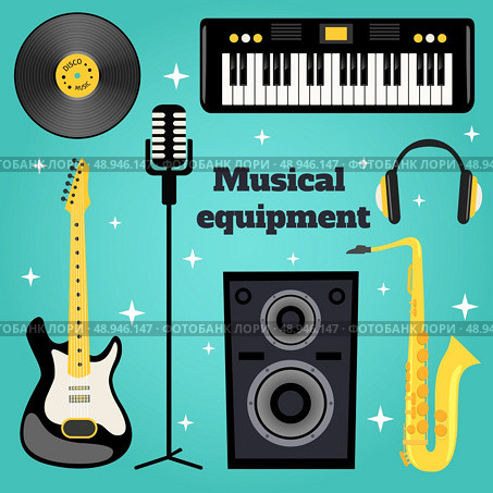 Music equipment set of guitar vinyl disk keyboard sax microphone isolated vector illustration. Стоковая иллюстрация, агентство Ingram Publishing / Фотобанк Лори