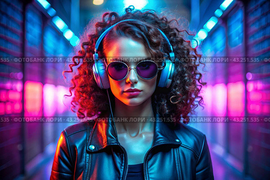 Music lover. A young beautiful girl in sunglasses listens to music in large wireless headphones while standing in a neon tunnel against a background of neon signs. Стоковое AI-изображение, AI-художник Photojuli / Фотобанк Лори