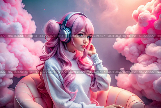 Music lover. A young beautiful Japanese girl with pink anime-style hair listens to music on wireless headphones in pink clouds. Harmony, relaxation and relaxation. Стоковое AI-изображение, AI-художник Photojuli / Фотобанк Лори