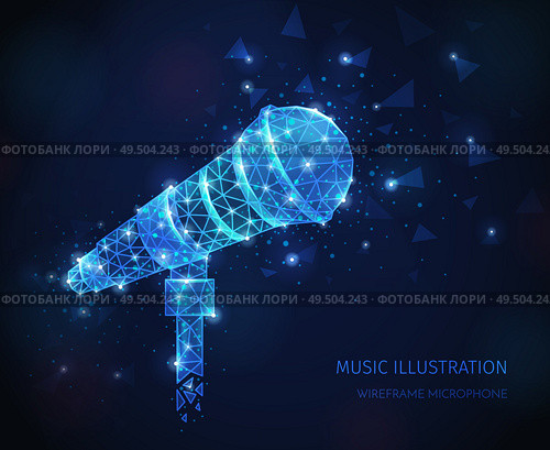 Music media polygonal wireframe composition with text and glittering image of professional vocal microphone on stand vector illustration. Стоковая иллюстрация, агентство Ingram Publishing / Фотобанк Лори