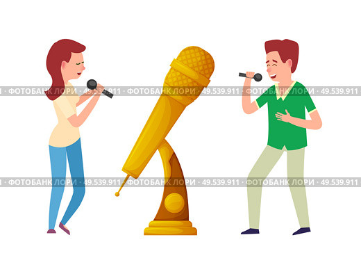 Music trophy vector, gold award microphone and singers. Entertainment contestant of woman and man singing with miles. Reward for best song contest. Music Trophy, Gold Award Microphone and Singers. Стоковая иллюстрация, агентство Ingram Publishing / Фотобанк Лори