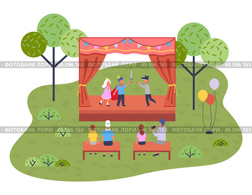 Musical concert in the garden. Children s theatrical performance on the stage in the open summer playground, kid spectacle. Entertainment for children on vacation at the playing field of the city park. Musical concert in the garden. Children s theatrical performance on the stage in the open playground. Стоковая иллюстрация, агентство Ingram Publishing / Фотобанк Лори