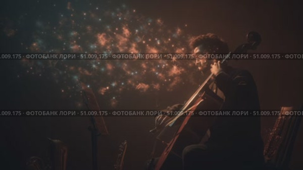Musician creates magical atmosphere playing cello in dimly lit studio with swirling lights. Стоковое AI-видео, аниматор Сергей Толмачёв / Фотобанк Лори