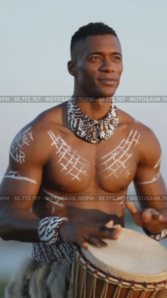 Musician playing african djembe drum with painted body. Стоковое AI-видео, аниматор Юрий Поздников / Фотобанк Лори