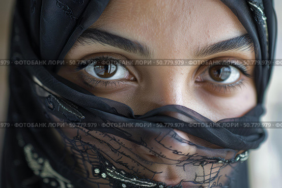 Muslim woman wearing niqab, revealing expressive brown eyes. Стоковое AI-изображение, AI-художник Иван Рябоконь / Фотобанк Лори