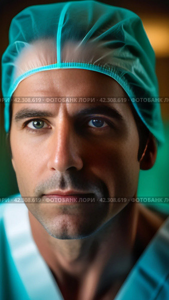 Мужчина хирург в операционной.А male surgeon in operating room.American clinic. Стоковое AI-изображение, AI-художник Галина Беляева / Фотобанк Лори