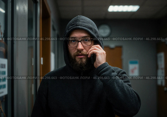Мужчина разговаривает по телефону в офисе в вечернее время, возможно мошенник, и в этот момент обманывает жертву. Стоковое AI-изображение, AI-художник Сергей Никифоров-Гордеев / Фотобанк Лори