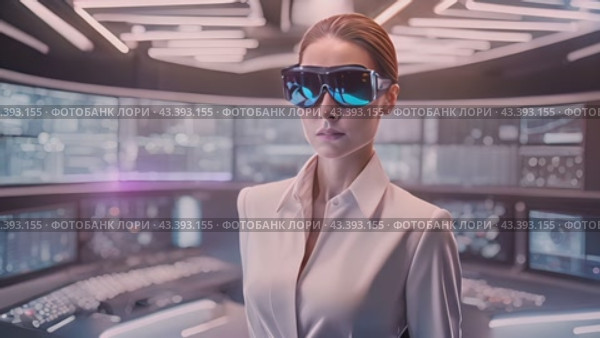 Mysterious and alluring spy woman, dressed in crisp white shirt and sleek sunglasses, stands confidently in front of cutting-edge government control room, embodying power and influence she possesses. Стоковое AI-видео, аниматор Данила Большаков / Фотобанк Лори