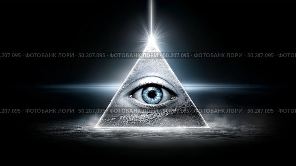 Mysterious pyramid with eye symbol against dark background at night. Таинственная пирамида с символом глаза на темном фоне ночью. Стоковое AI-изображение, AI-художник Katsiaryna Repich / Фотобанк Лори