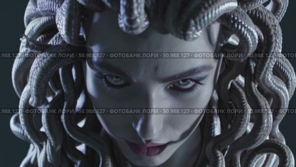 Mythical Medusa wielding penetrating stare, serpentine hair writhing, embodying legendary power and terror of ancient Greek monster narrative. Стоковое AI-видео, аниматор Данил Руденко / Фотобанк Лори