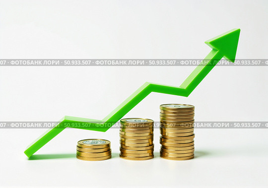 Наглядный график роста прибыли с монетами на белом фоне. A clear profit growth chart with coins on a white background. Стоковое фото, фотограф Смирнова Светлана / Фотобанк Лори