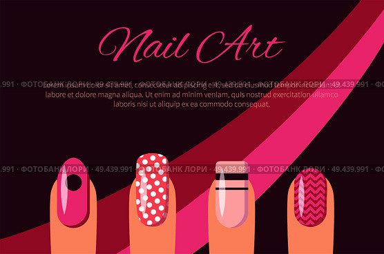 Nail art multicolored poster vector illustration with pink text sample and background, set of manicure examples, pait of beautiful decorative lines. Nail Art Multicolored Poster Vector Illustration. Стоковая иллюстрация, агентство Ingram Publishing / Фотобанк Лори