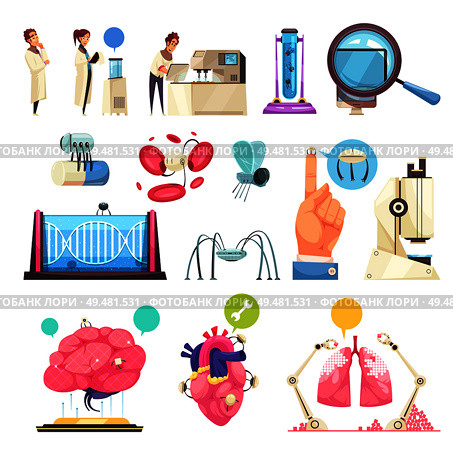 Nanotechnologies decorative icons set of human organs nano robots micro chips and laboratory equipment isolated vector illustration . Nanotechnologies Decorative Icons Set. Стоковая иллюстрация, агентство Ingram Publishing / Фотобанк Лори