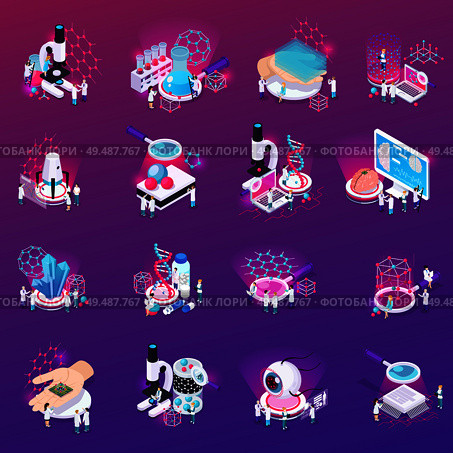 Nanotechnology isometric icons set if laboratory equipment carbon nanotubes micro chip implanted in human brain mono crystalline isolated vector illustration. Стоковая иллюстрация, агентство Ingram Publishing / Фотобанк Лори