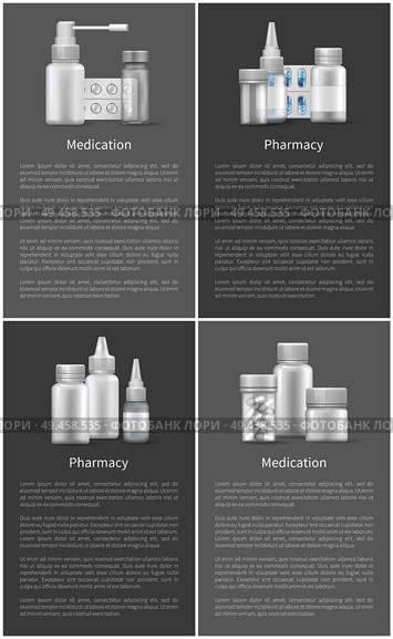 Nasal spray and capsule pills container, aerosol and bottle, treatment remedies, drops mockup vector. Pharmacy and medication set of web colorless posters. Pharmacy and Medication Set Web Posters Containers. Стоковая иллюстрация, агентство Ingram Publishing / Фотобанк Лори