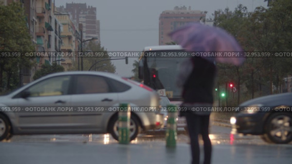 Nasty rainy evening. Street view with traffic and woman under umbrella (2019 год). Редакционное видео, видеограф Данил Руденко / Фотобанк Лори