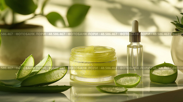 Natural aloe vera skincare products displayed on a bright surface. Натуральные средства по уходу за кожей с алоэ вера на яркой поверхности. Стоковое AI-изображение, AI-художник Katsiaryna Repich / Фотобанк Лори