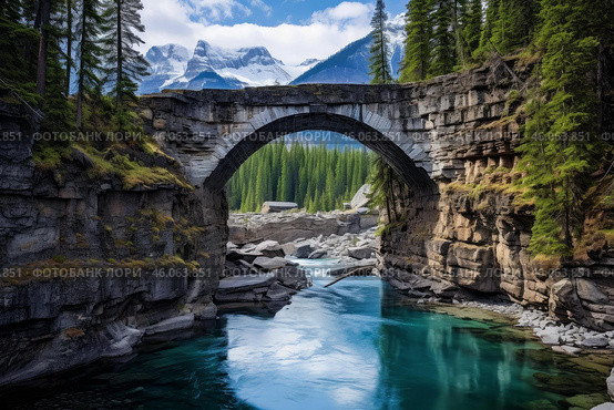 Natural bridge spanning across the kicking horse river in yoho national park. Стоковое AI-изображение, AI-художник Иван Рябоконь / Фотобанк Лори