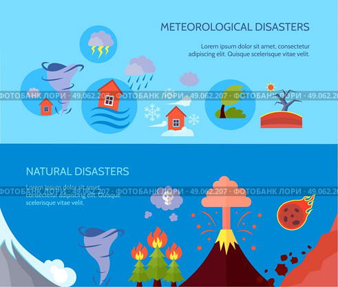 Natural disaster 2 flat banners composition. Meteorological natural disasters 2 banners composition poster with forest fire and tsunami information abstract isolated vector illustration. Стоковая иллюстрация, агентство Ingram Publishing / Фотобанк Лори